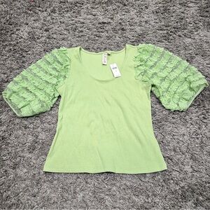 Dolan Anthropology Light Green Fairycore Puff Sleeve Sheer Ruffle Ribbed Top